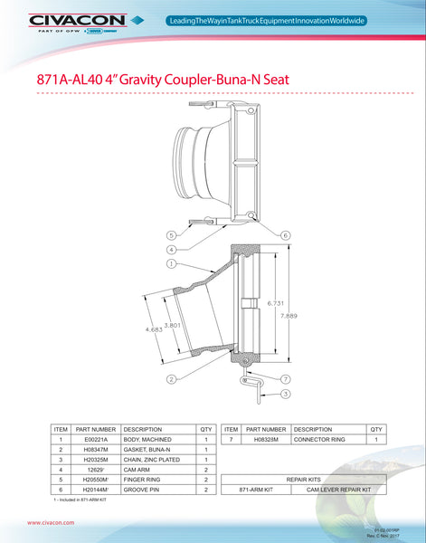 CIVACON-871A-AL40 Cople de descarga para pipa 6" a 4 " para descarga con empaque buna interior